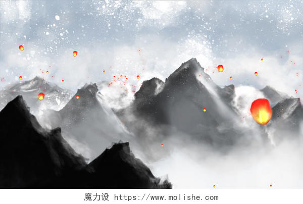 中式水墨冬季雪景冬天原创插画素材